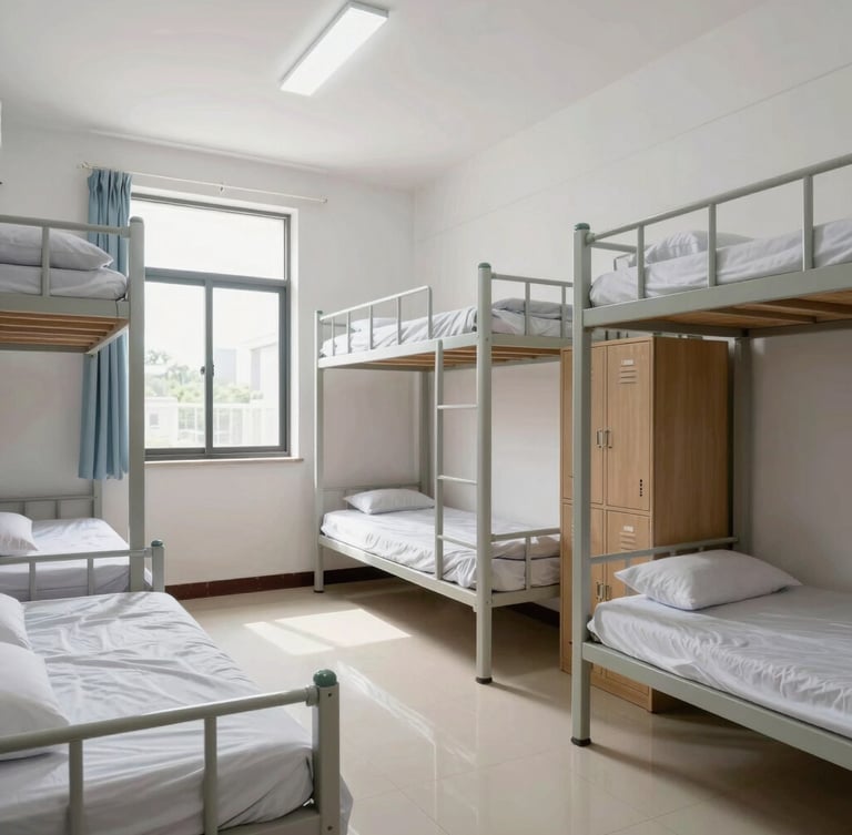 Bright, clean interior of a dormitory room showing organized beds, personal lockers, and wide windows with natural daylight.