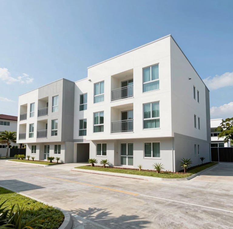 Bright architectural exterior of a modern multi-story dormitory building in Tuas under clear daylight, clean concrete driveway, professional real estate framing