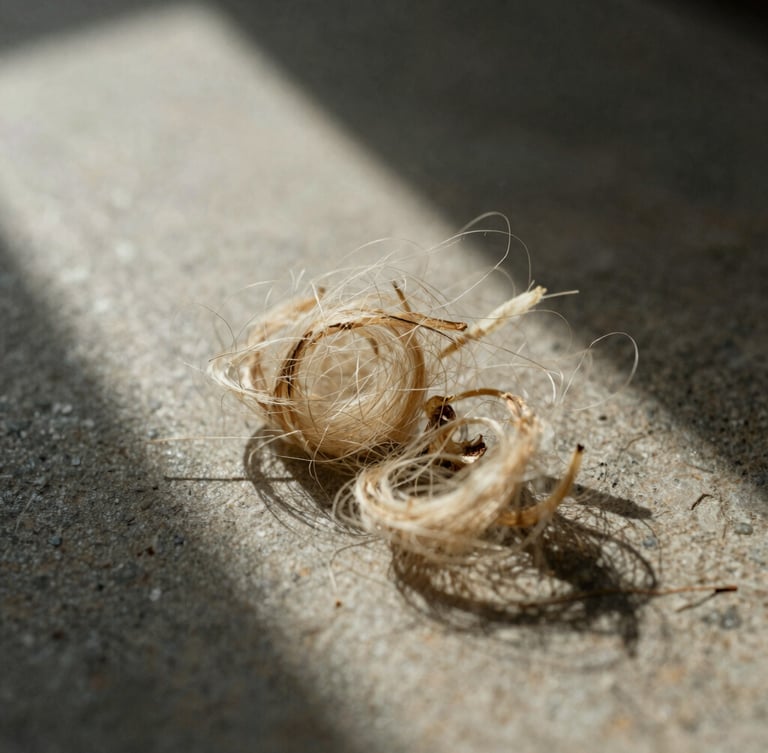 Macro detail shot of loose, natural plant fibers on a raw stone surface, soft directional morning window light casting deep shadows, earthy organic tones, shallow depth of field, 35mm film texture