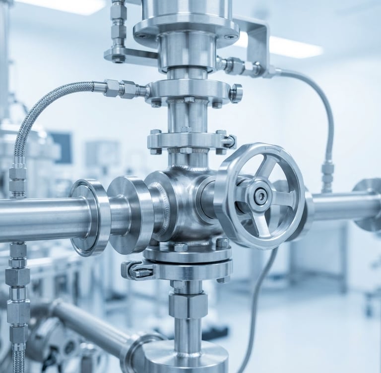 Macro close-up of a stainless steel bioreactor valve, sterile clinical photography, bright high-key laboratory lighting, cool blue and white tones, sharp focus, 35mm