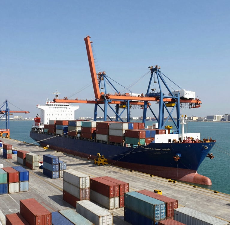 Wide-angle panoramic shot of the Aqaba container port at bright daylight, featuring a large container ship docked next to towering cargo cranes, stacks of shipping containers, and clear blue water in the background.