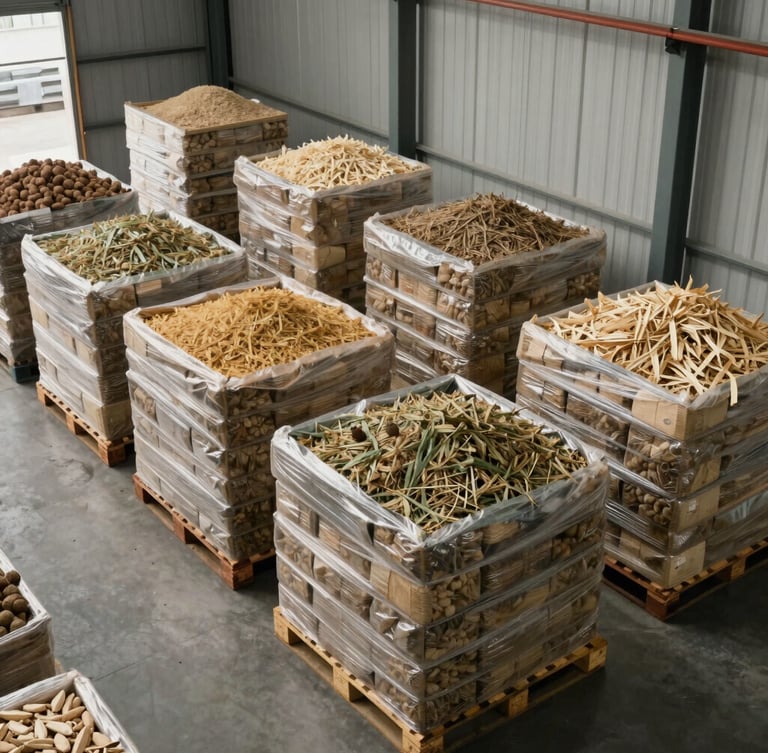 High-angle view of a modern industrial warehouse interior with neatly stacked pallets of raw agricultural commodities under bright warehouse lighting.