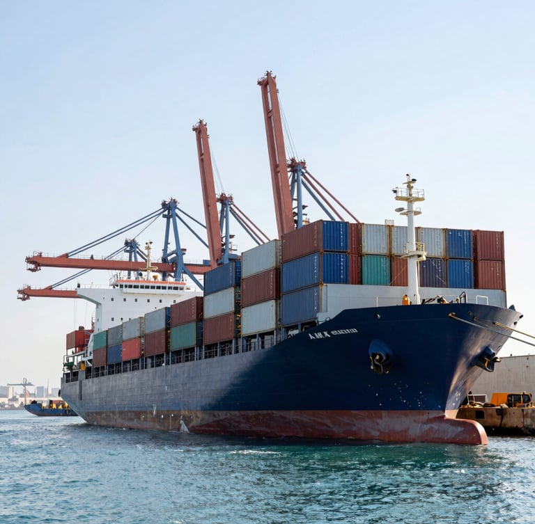 Wide-angle high-contrast shot of container ships docking at the Port of Aqaba, bright daylight, industrial cranes in the background, negative space on the left