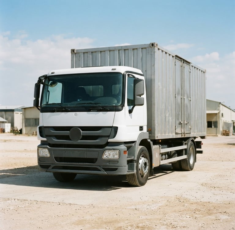 Straight-on documentary photo of a humanitarian delivery truck in bright natural daylight, silver logistics containers, sharp focus, 35mm
