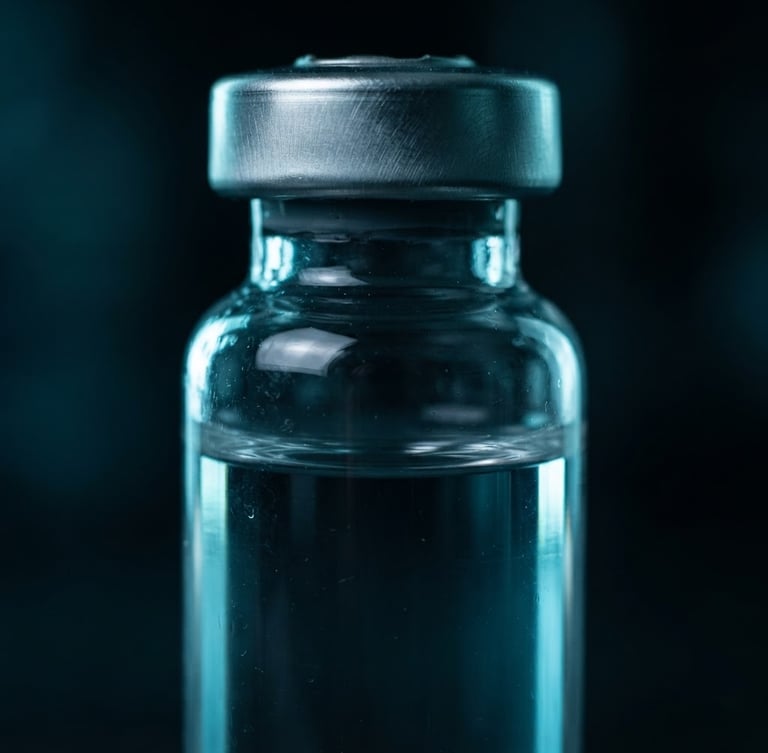 Extreme macro shot of a sealed glass vial with a pristine crimped cap, cool-toned backlighting, dramatic low-key lighting with sharp clinical highlights reflecting off the glass surface, 100mm lens
