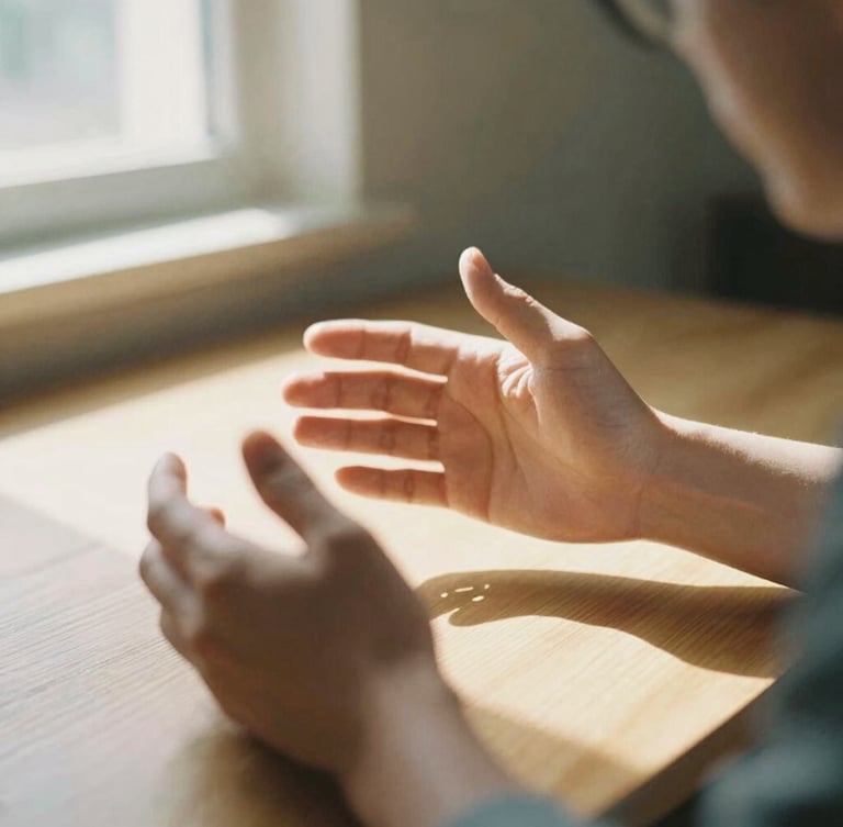 Close-up of expressive hands gesturing during a thoughtful conversation over a wooden table, warm sunlight casting soft shadows, 35mm film aesthetic.