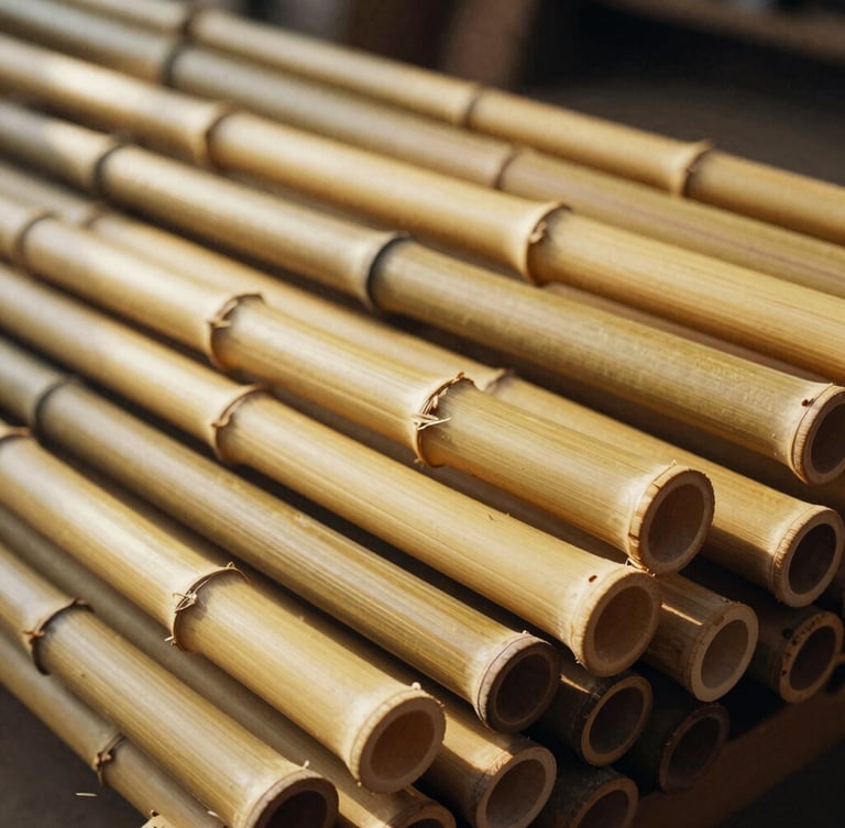 Close-up of golden cured bamboo rods stacked neatly in the Torrinha workshop, warm natural light highlighting the organic nodes and fibers, rustic textures, 35mm film.