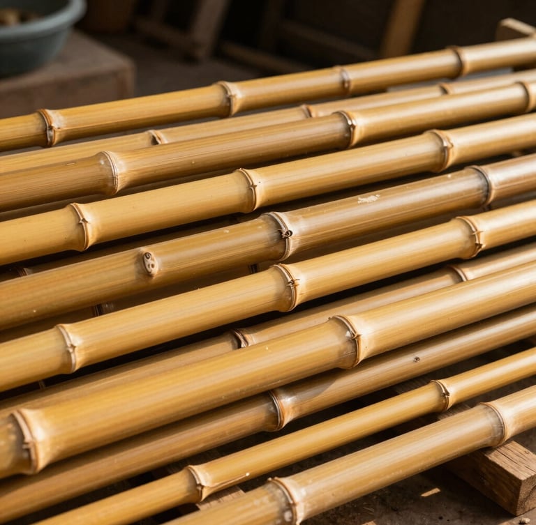 Close-up of cured golden bamboo fishing rods stacked neatly in a rustic workshop, warm golden hour sunlight highlighting natural textures, 35mm film style.