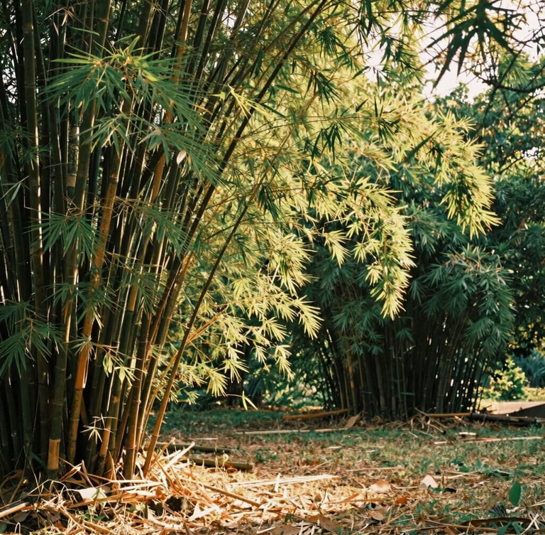 Wide environmental shot of lush green bamboo groves in Torrinha-SP, golden sunlight filtering through the leaves, rich earth tones, 35mm film