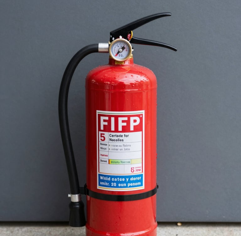 Straight-on technical close-up of a certified red fire extinguisher with a highly visible brass pressure gauge, clean daylight, sharp focus on the safety tag, 35mm photography