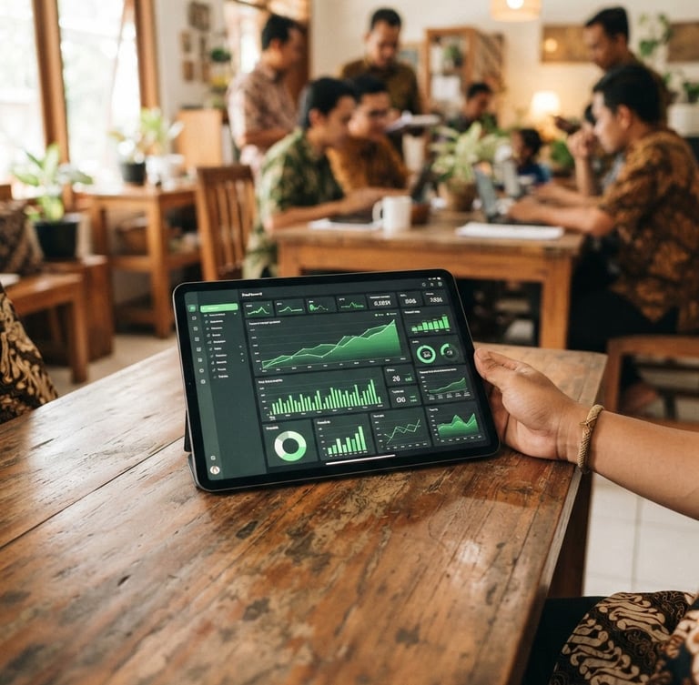 A clean modern tablet showing a financial dashboard preview with green charts, placed on a wooden table in a warm Indonesian cooperative office, daylight.