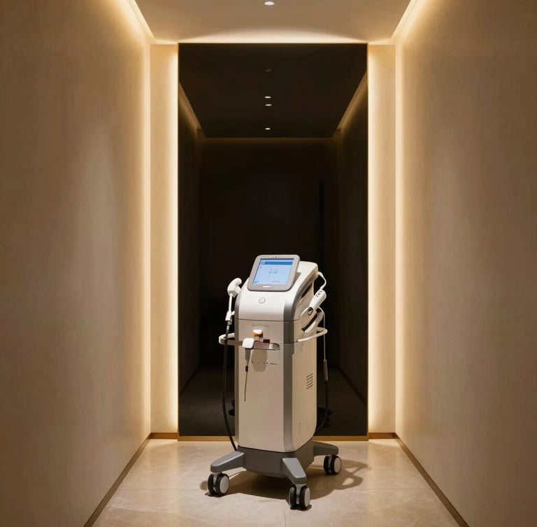 Minimalist ultra-luxury clinic interior in Hong Kong Central, NINEONE medical beauty machine standing elegantly in a private treatment room, soft gold reflections, low-key lighting