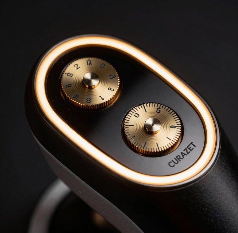 Macro close-up of CURAZET aesthetic device interface, low-key studio lighting, dramatic gold rim light highlighting the metallic gold dials and black mirror glass finish, 85mm