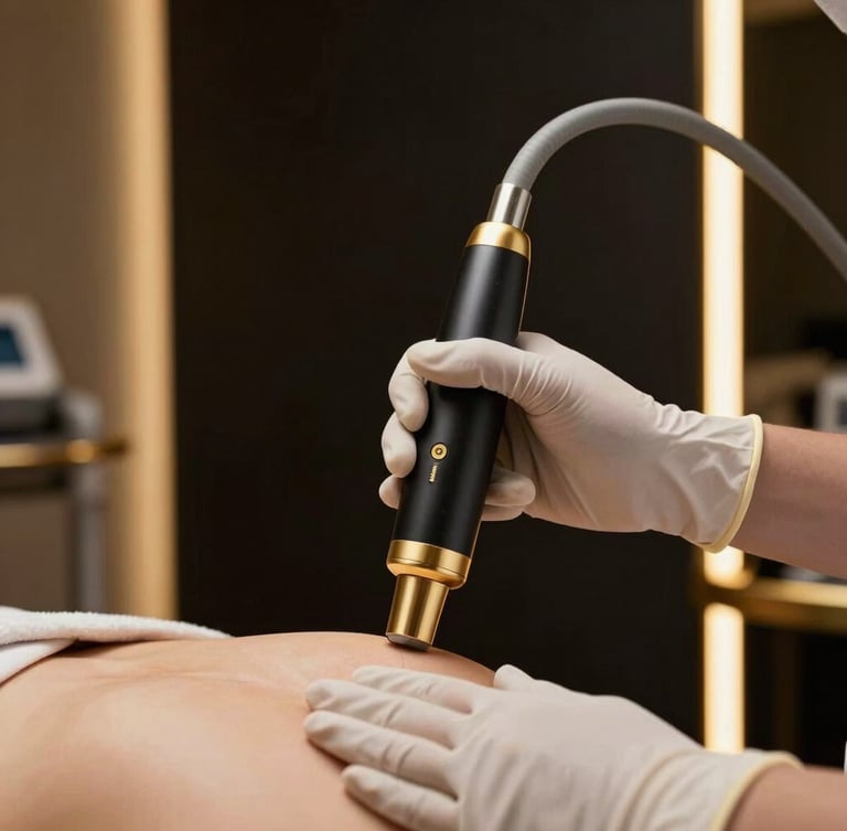Elegant gloved hands of a clinician holding a sleek black and gold medical laser handpiece, hovering over a patient's skin, soft gold lighting, luxury clinic background
