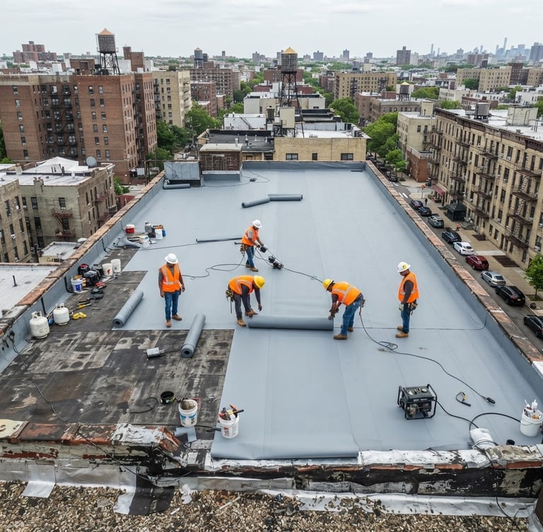 High-angle drone shot of a flat roof repair in the Bronx, technicians in safety orange vests laying down durable gray membrane under bright overcast daylight, sharp focus, 35mm