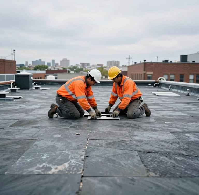 Realistic industrial photography of technicians in safety gear working on a flat roof in the Bronx, bright overcast daylight, cool slate and safety orange accents, sharp focus, 35mm