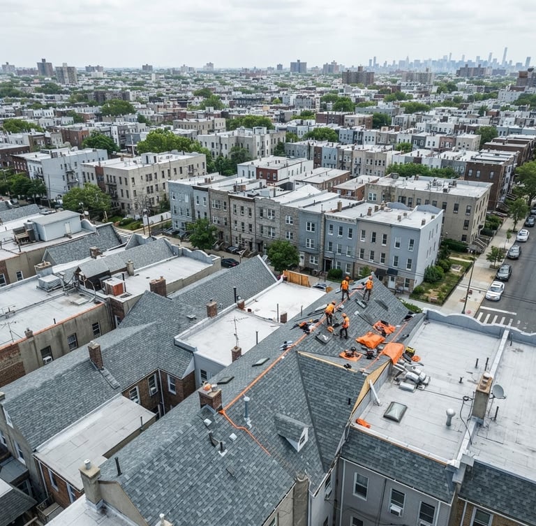 High-angle drone shot of completed residential roofs in the Bronx, bright overcast daylight, cool slate tones, sharp focus, 35mm