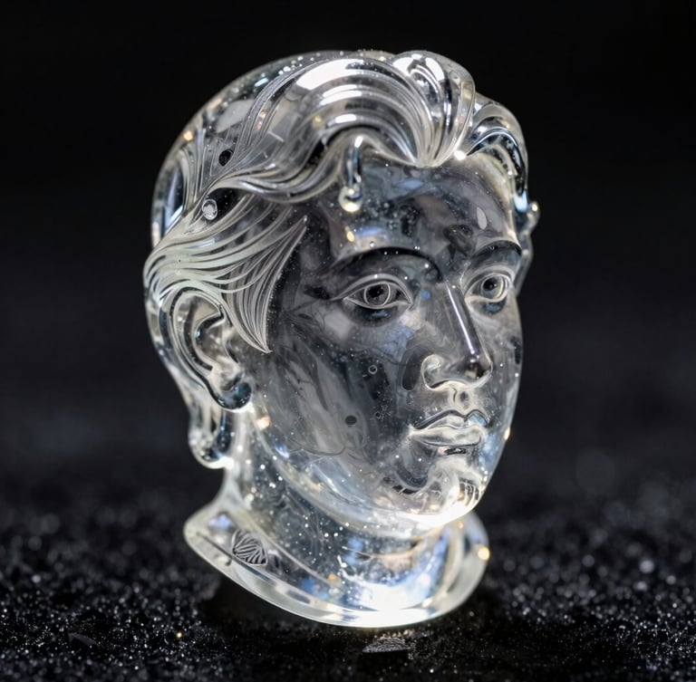 Dramatic low-key macro photography of a heavy 3D laser-engraved crystal portrait catching sharp backlighting on a dark obsidian background, 50mm lens