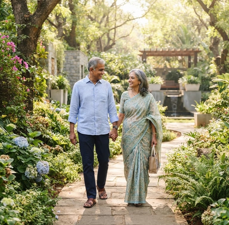 Clean editorial photography of a mature Indian couple walking in a sunlit garden, bright natural daylight, soft blue and green tones, 35mm