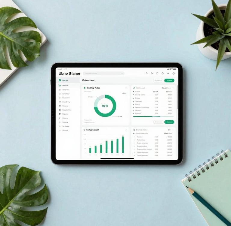 Clean editorial overhead flat-lay of a modern Indian workspace with a tablet displaying a financial planner dashboard, soft daylight, green accents, 35mm