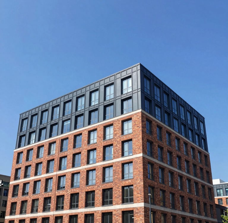 Bright architectural photo of a modern brick and glass mixed-use development, crisp natural daylight, clean blue sky, sharp focus.