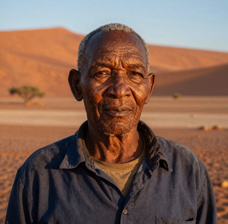 A close-up portrait of a veteran Namibian guide squinting against the golden-hour sun, weathered features, deep ochre desert backdrop, warm editorial photography, 35mm lens.