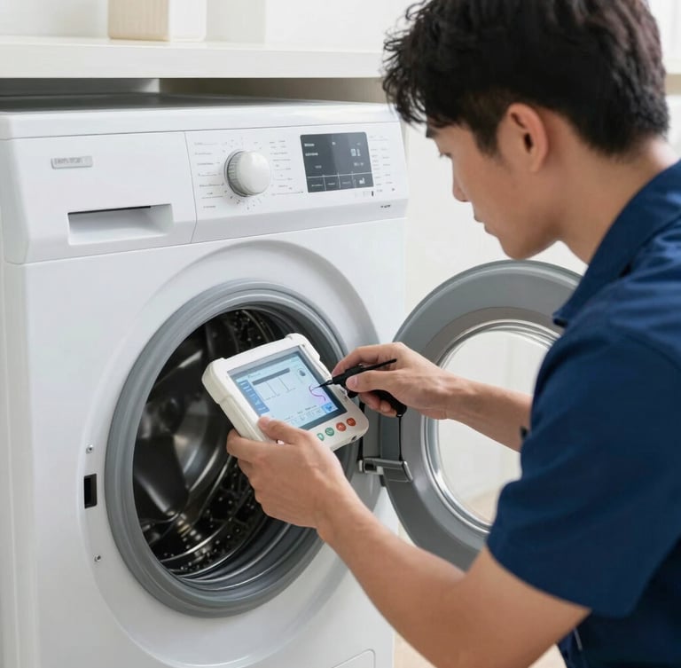 Medium shot of a professional technician's hands using diagnostic equipment on a modern washing machine, clean documentary photography, bright natural indoor light, sharp focus