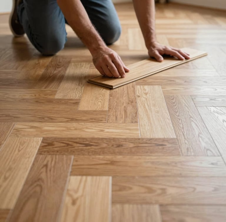 Low-angle close-up of a craftsman laying premium oak herringbone parquet, natural daylight reflecting off the matte wood texture.