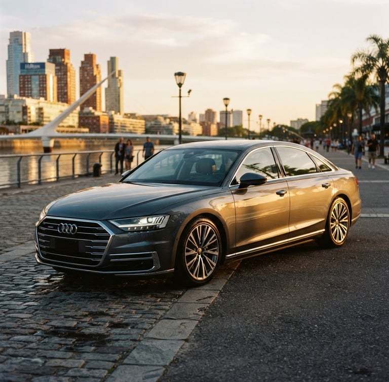 Low-angle elegant automotive photography of a premium clean sedan parked in Puerto Madero at golden hour, warm light reflecting on the graphite metallic paint, 35mm