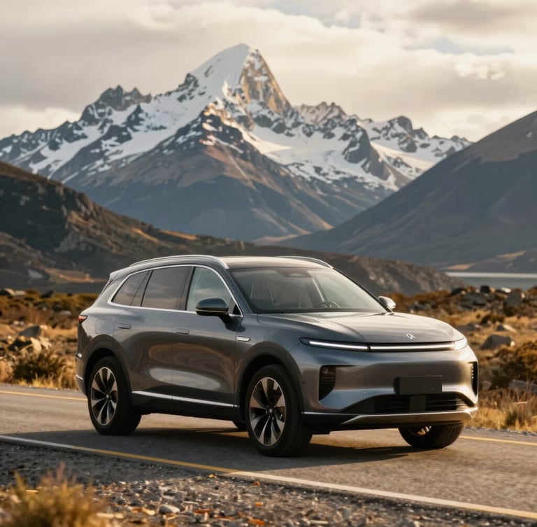 Spotless modern SUV driving on an open scenic road in Argentine Patagonia, dramatic snow-capped mountains in the background, soft overcast daylight, 35mm