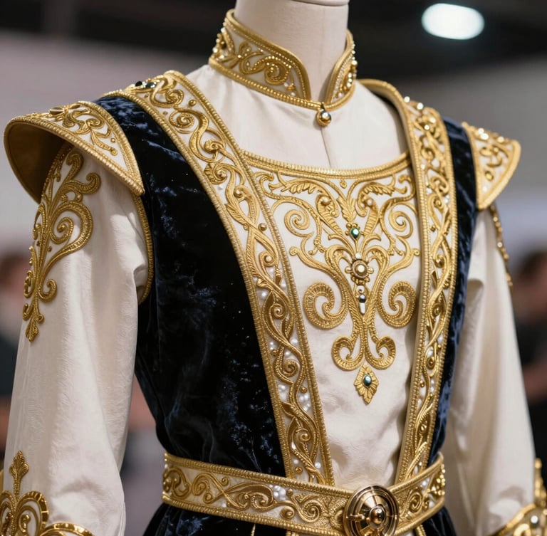 Close-up shot of a premium, custom-designed fantasy character costume with intricate gold embroidery and velvet fabrics, captured under bright professional event lighting