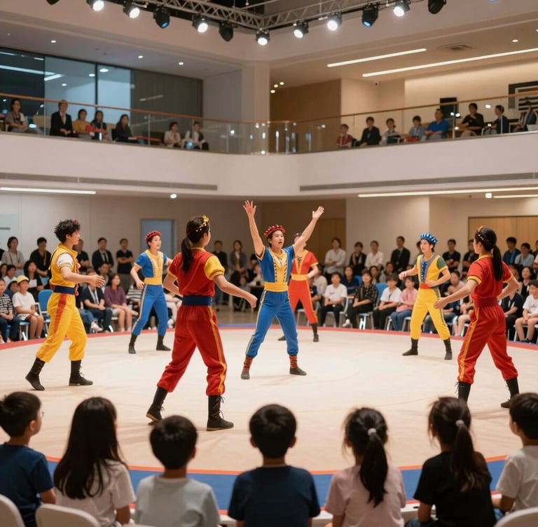 Dynamic wide shot of professional circus performers in vibrant costumes entertaining a crowd of children in a bright, modern corporate event hall, warm stage lighting.
