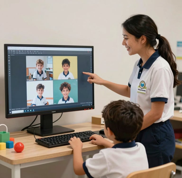 Plano médio de uma monitora sorridente com uniforme limpo e crachá visível auxiliando uma criança a colocar equipamentos de proteção lúdicos em um espaço de recreação seguro.
