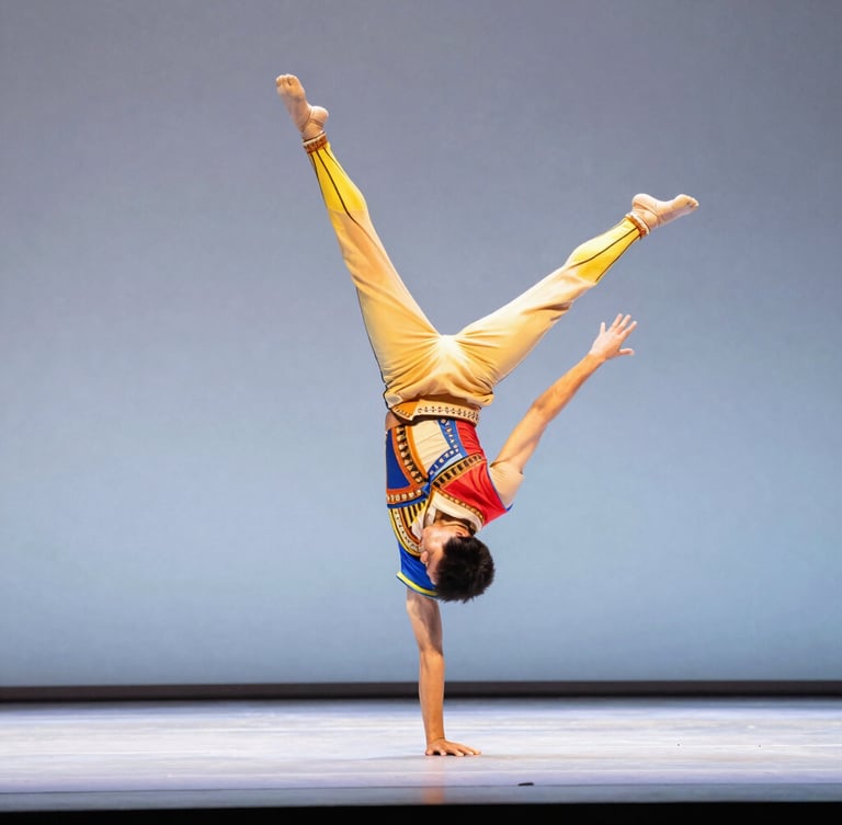 Wide dynamic shot of a professional circus performer in a colorful, immaculate costume executing an acrobatic move, bright stage lighting, clean composition.