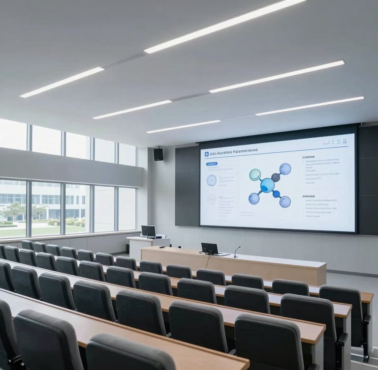 A wide-angle architectural photograph of a modern medical lecture hall, cool-toned daylight streaming through linear windows, sharp focus on rows of empty premium seating and a large digital screen displaying clean molecular data visualizations, 35mm lens.