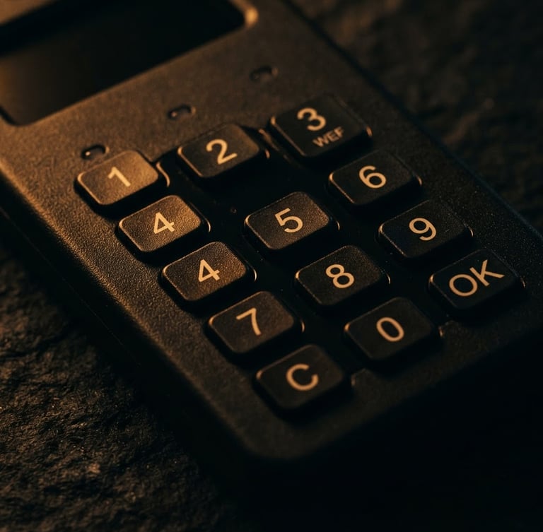 Extreme close-up macro of a coldcard hardware wallet on a dark textured surface, single amber light highlighting the keypad, deep shadows, 35mm
