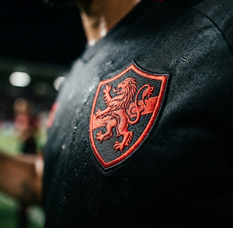Dynamic close-up of a modern football jersey crest, sharp embroidery texture, dramatic stadium floodlights, high-contrast athletic photography, 35mm