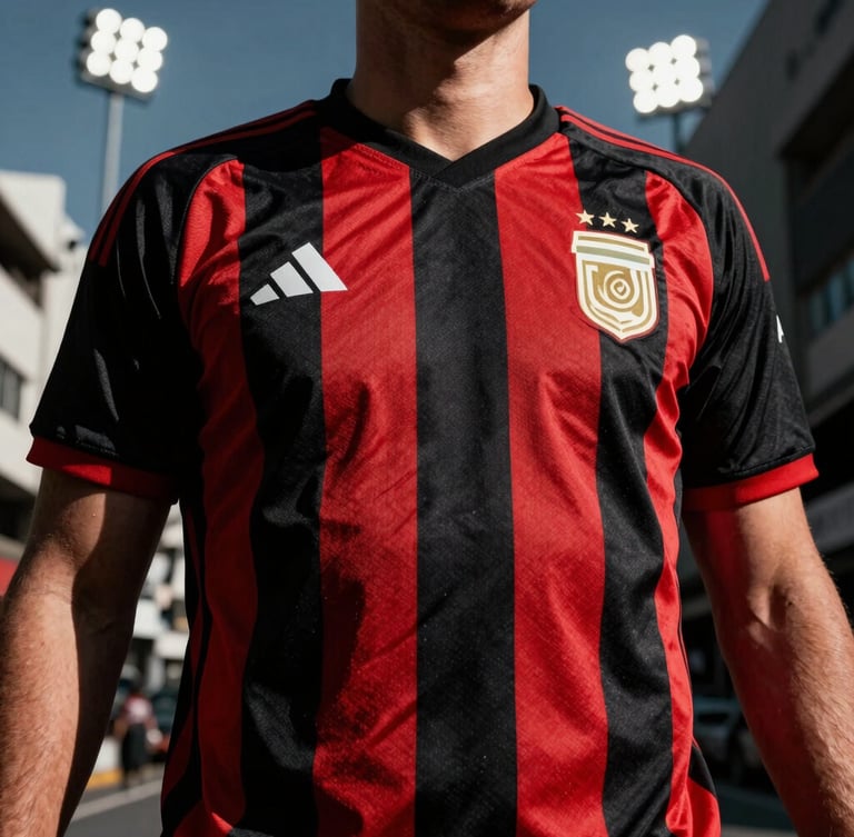 Low-angle shot of a supporter wearing an Argentina national team jersey in an urban street setting, high-contrast athletic photography, dramatic shadows, 35mm