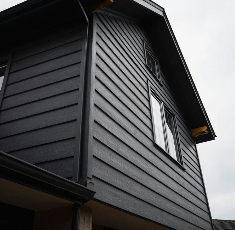 Low-angle shot of clean, deep charcoal fiber-cement siding panels on a modern home, dramatic overcast daylight, high-contrast exterior details, 35mm