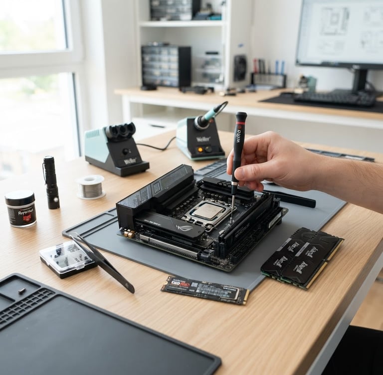 Mesa de trabajo limpia y organizada con herramientas de precisión y componentes de computadora, iluminación natural brillante, enfoque nítido.