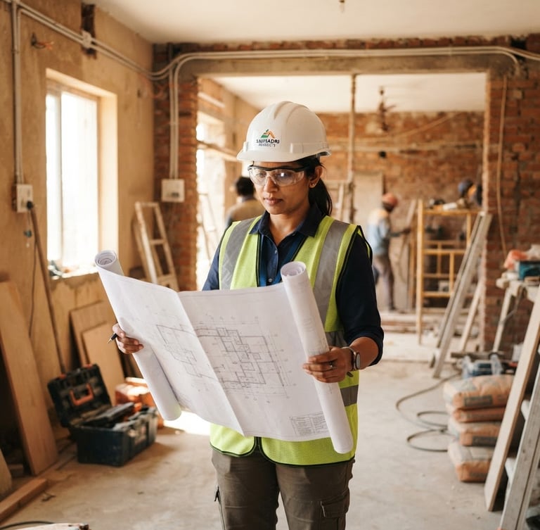 Medium shot of a civil engineer in a hard hat holding blueprints, standing inside a bright, naturally lit home renovation site in Satara, editorial construction photography, warm earth tones, 35mm lens