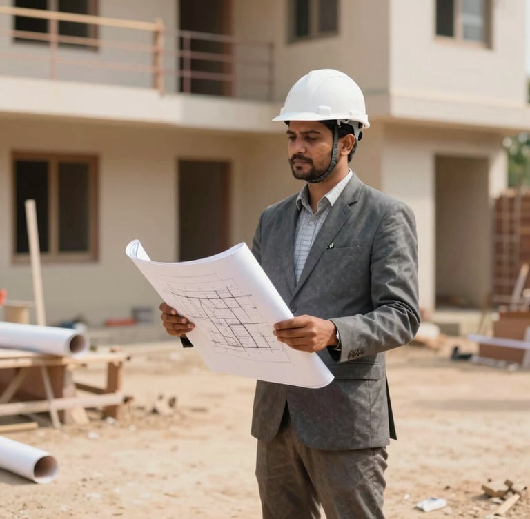 A professional civil engineer wearing a white safety helmet and holding architectural blueprints, standing on a bright, daylight-filled residential renovation site in Satara, warm earth tones