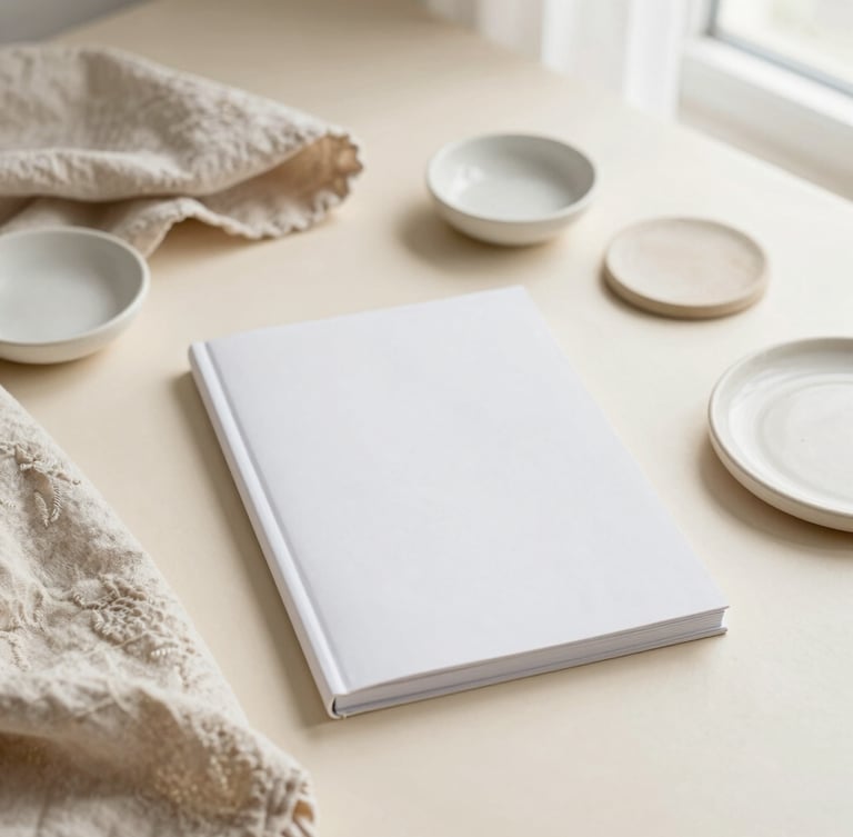 Overhead flat-lay of textured linen fabrics, ceramic samples, and a minimalist design journal on a warm cream background, soft natural light