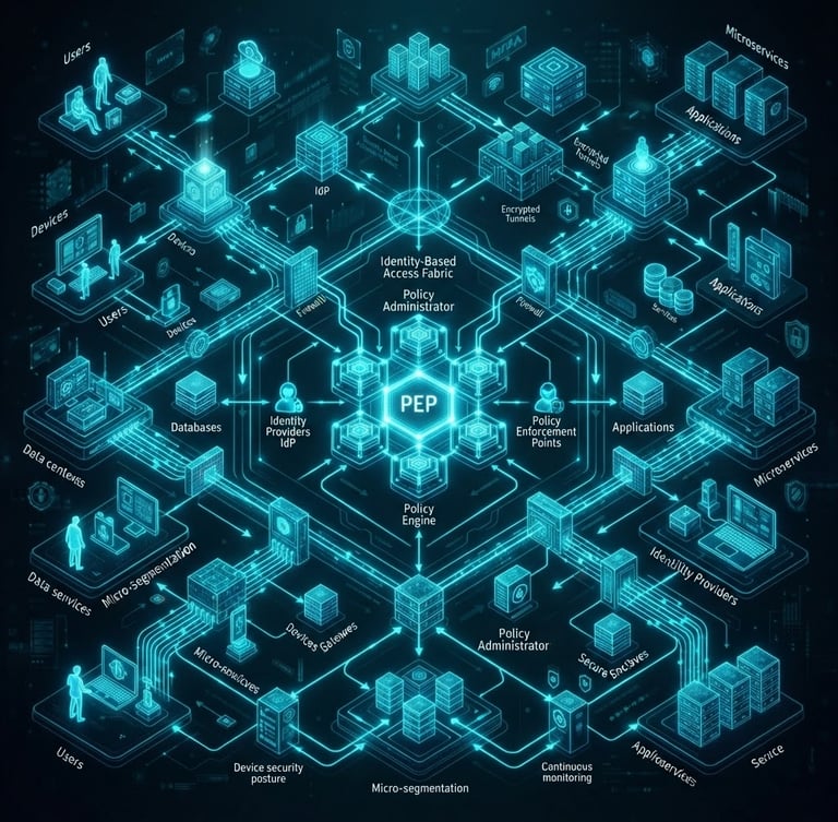 Diagramma tecnico luminescente di architettura di rete zero-trust, flussi di dati ciano neon su sfondo scuro, prospettiva isometrica, deep-tech minimalismo, low-key neon lighting, high-contrast tech aesthetic, 35mm