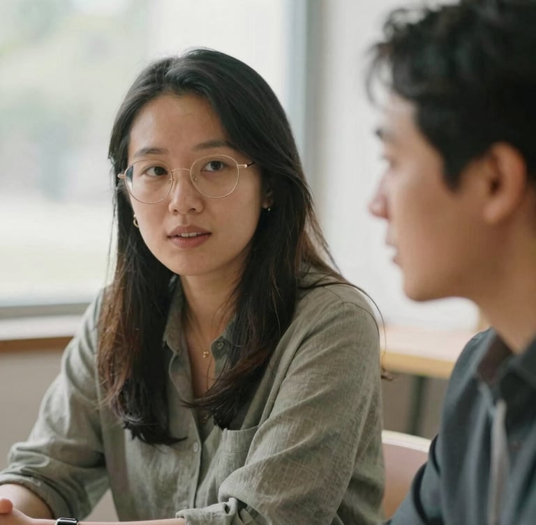 A close-up candid shot of two community leaders in collaborative discussion, soft natural daylight, muted organic tones, shallow depth of field