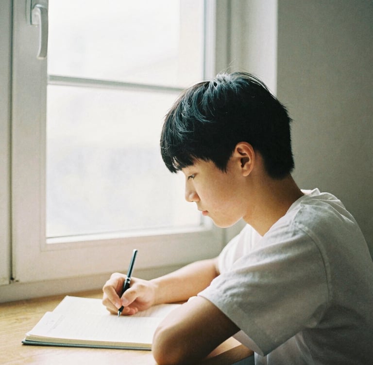 A quiet, high-contrast portrait of a young student studying by soft window light, warm editorial tones, shallow depth of field, 35mm film grain