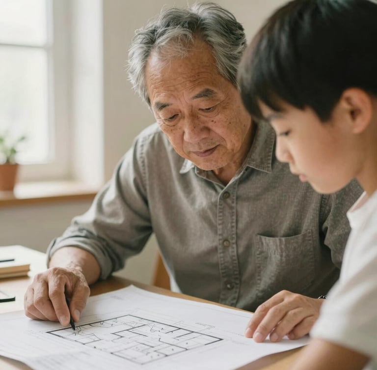 A close-up documentary portrait of an older mentor guiding a young student over architectural blueprints, warm natural side light, soft focus background