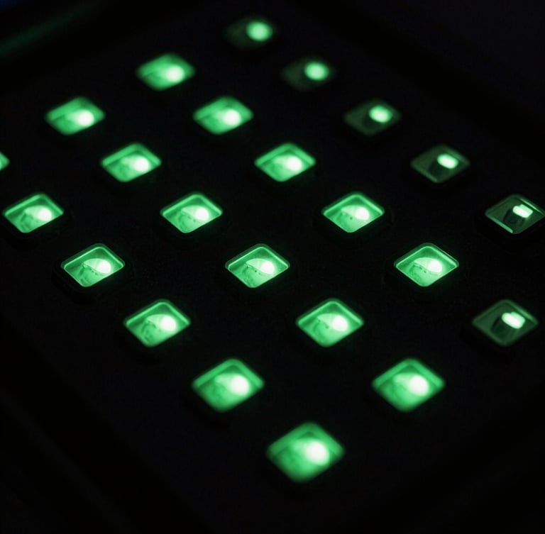 Macro close-up of high-end server hardware, neon green ambient status lights, deep obsidian shadows, technical precision, 35mm photography