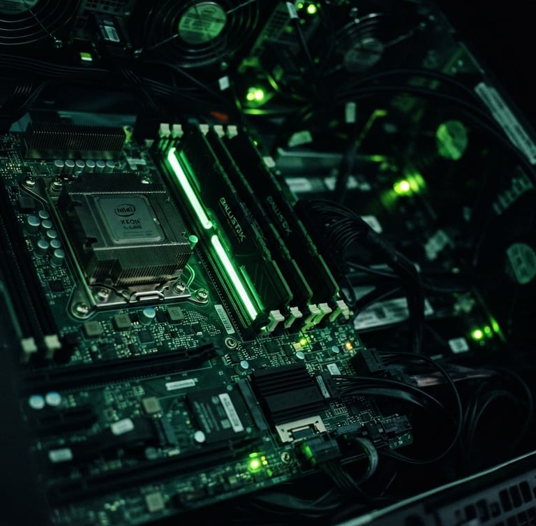 Macro close-up of high-end server hardware, neon green ambient backlighting, glowing status lights, deep shadows, 35mm photography