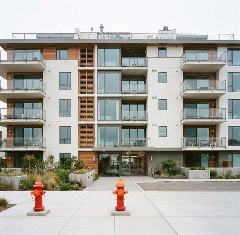 Straight-on architectural elevation of a modern coastal condominium building with clean lines, pristine fire hydrants visible in the foreground, crisp overcast daylight, high detail, 35mm